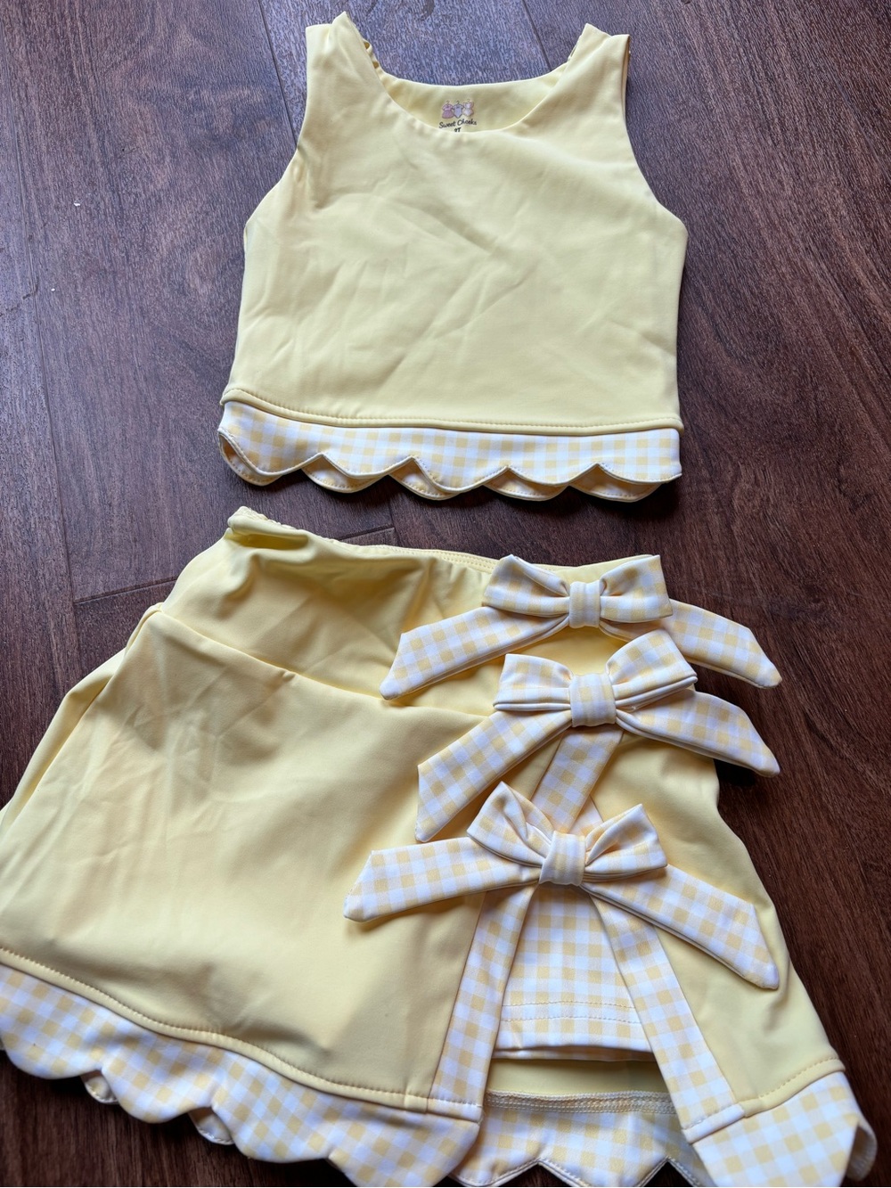 Yellow Girls' Two-Piece Matching Set with Gingham Bows Attached Shorts